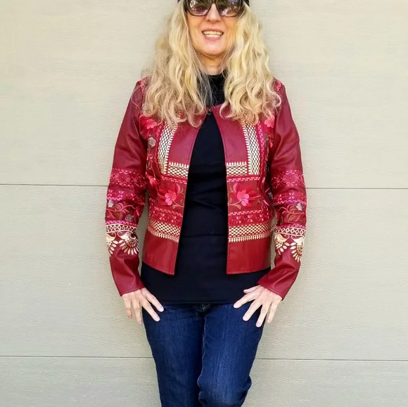 Tiramisu New Embroidered Vegan Leather Cropped Jacket, Small, $50 - Picture 8 of 15
